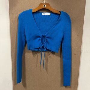 Zara long sleeve cropped top in royal blue, M,  adjustable‎ string in front